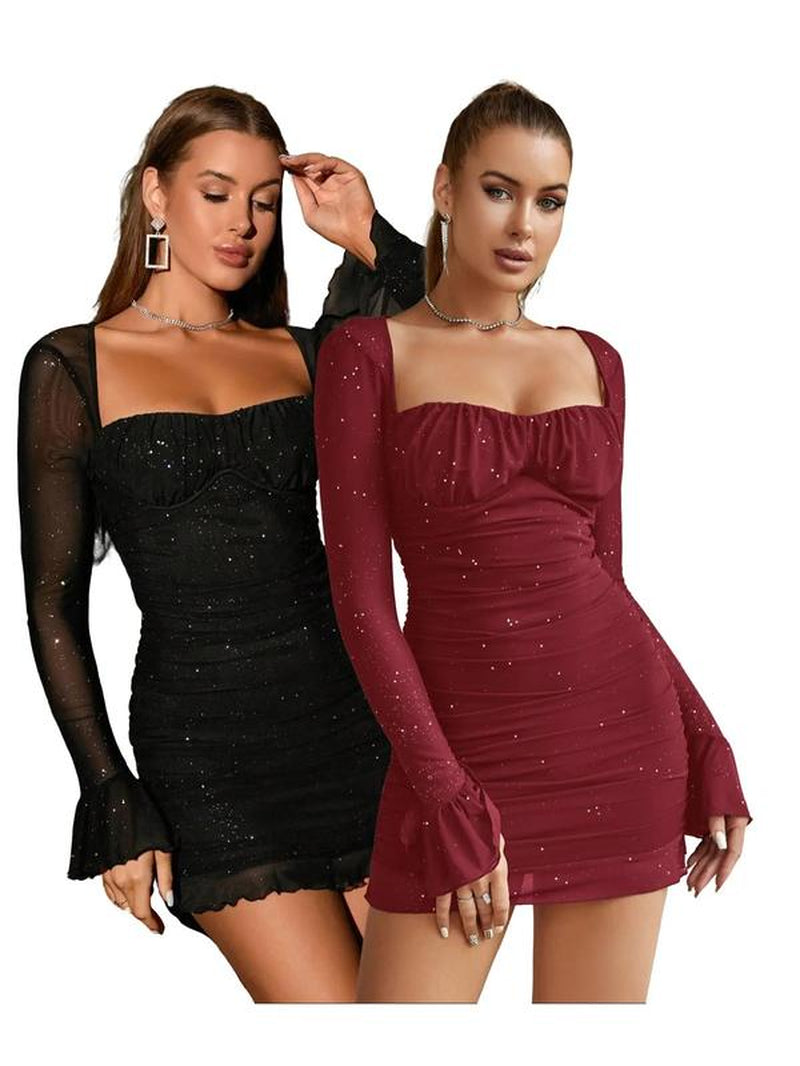 Women'S Glitter Contrast Mesh Long Sleeve Ruched Mini Bodycon Dress, Lady Comfort Casual Elegant Square Neck Lettuce Trim Tight Dresses for Party Dinner Holiday, Party Dress, Birthday Dress for Women Casual